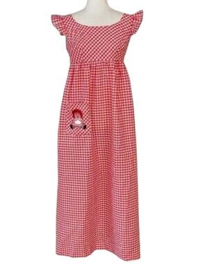 VTG Lady Lewis Raggedy Ann Dress Red White Gingham Flutter Sleeve Embroid Pocket